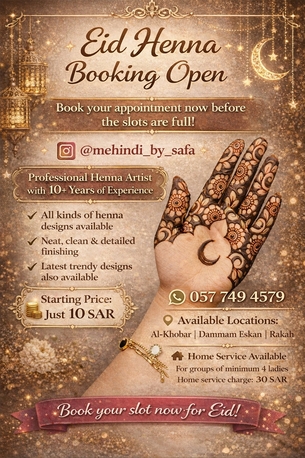 Khobar, Beautician, Henna Design And Henna Hands And Nails Cones Available