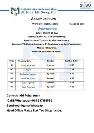 Riyadh, Jobs, Lifting Supervisor,Rigger,Scaffolding Inspector,Telihandler Operator,bobcat Oparetor ,Stee