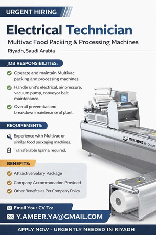 Riyadh, Jobs, Electrical Technician &ndash; Multivac Food Packing & Processing Machine