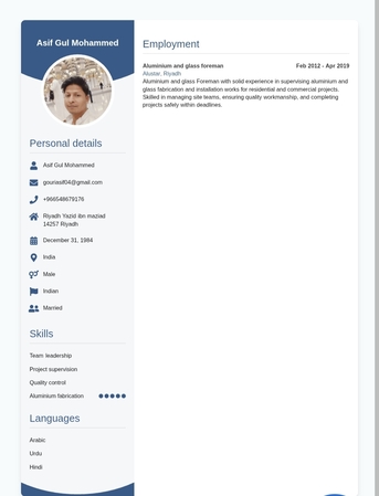 Riyadh, Job Seekers, Aluminium And Glass Foreman