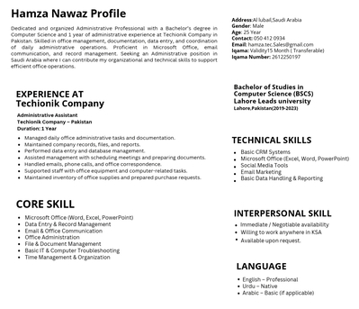 Jubail, Job Seekers, My Name Is Hamza, And I Am A Computer Science Graduate From Pakistan With 1 Year Of Experi