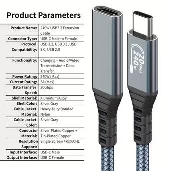 Zinj, Mobile Phones, BHD 4,  USB C Extension Cable PD240W Fast Charging 20Gbps Data Transfer 4K Video USBC 3.2 Type C