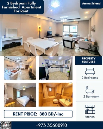 Amwaj Islands, Apartments/Houses, BHD 380/month,  Furnished,  2 BR,  130 Sq. Meter,  Spacious 2 BR FF Apartment With Closed Kitchen