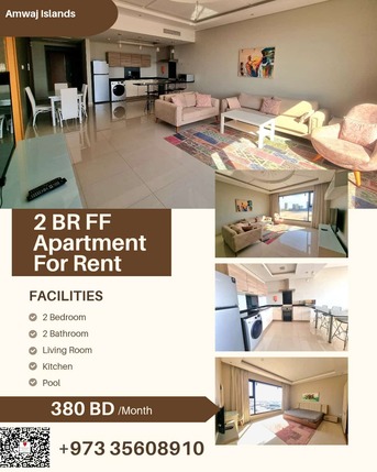 Amwaj Islands, Apartments/Houses, BHD 380/month,  Furnished,  2 BR,  120 Sq. Meter,  Bright 2 BR FF Apartment In Amwaj Island