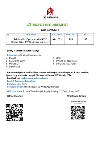 Jubail, Jobs, Telehandler Operator With SPSP (Catter Pillar CAT) License And Ajeer