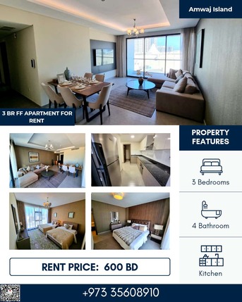 Amwaj Islands, Apartments/Houses, BHD 600/month,  Furnished,  3 BR,  140 Sq. Meter,  Delightful 3 BR+Maid Room FF Apartment With Balcony