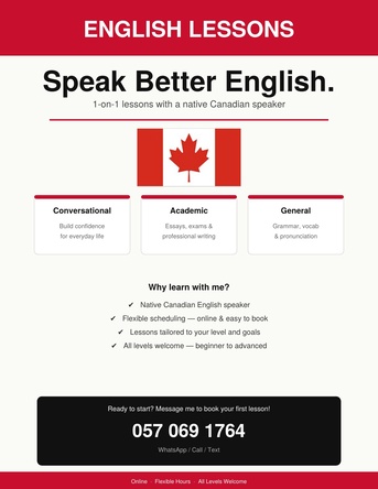 Riyadh, Lessons Offered, 1-on-1 English Lessons With A Native Canadian Speaker