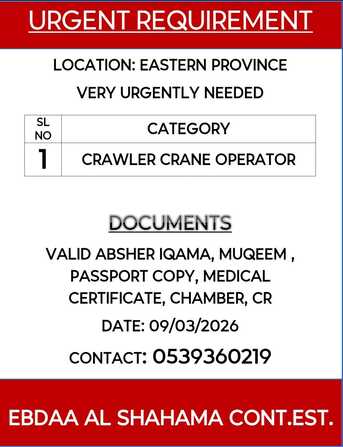 Jubail, Jobs, Very Urgently Needed  CRAWLER CRANE OPERATORS
