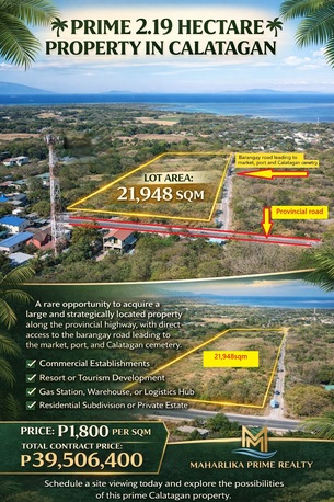 Manila, Real Estate For Sale, PHP 39506400,  Studio,  21948 Sq. Meter,  Prime Land For Sale At Calatagan Batangas