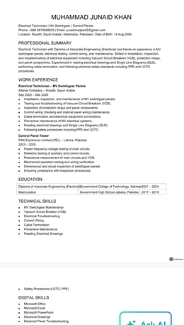 Al Masiaf, Job Seekers, Electrical Technician Looking For Job In Riyadh