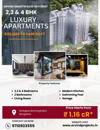 Bangalore, Real Estate For Sale, INR 11600000,  2 BR,  1100 Sq. Feet,  Arvind Skycrest Premium Residences
