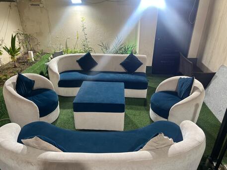 Jubail, Furniture, SAR 2000,  Luxury Sofa Set For Sale ✨ Modern Designer Sofa Set In Elegant Cream & Royal Blue Finish.