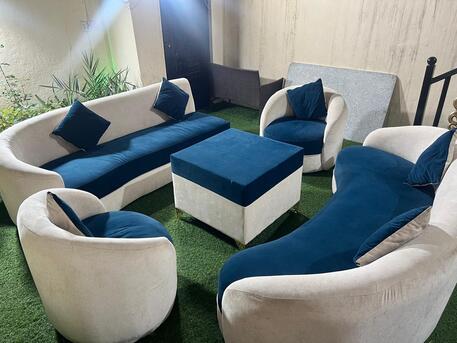 Jubail, Furniture, SAR 2000,  Luxury Sofa Set For Sale ✨ Modern Designer Sofa Set In Elegant Cream & Royal Blue Finish.