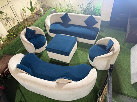 Jubail, Furniture, SAR 2000,  Luxury Sofa Set For Sale ✨ Modern Designer Sofa Set In Elegant Cream & Royal Blue Finish.