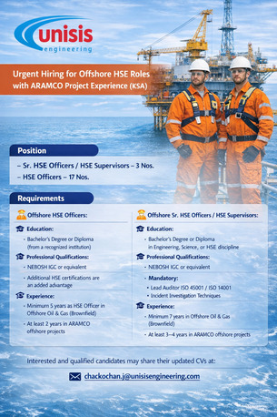 Riyadh, Jobs, Urgent Hiring For Offshore HSE Roles With ARAMCO Project Experience (KSA)