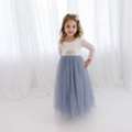USD 90,  Dusty Blue Long Sleeve Flower Girl Dress, White Lace Boho Wedding Dress For Girls, Rustic