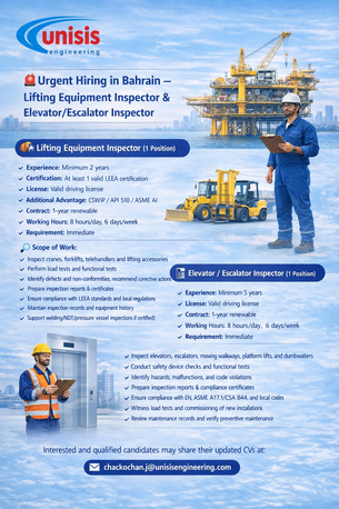 Manama, Jobs, Urgent Hiring In Bahrain &ndash; Lifting Equipment Inspector & Elevator/Escalator Inspector