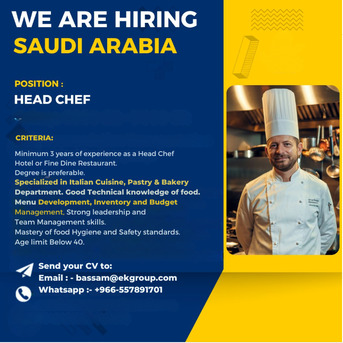 Jeddah, Jobs, Urgently Required Head Chef In Restaurant For A Leading Brand In Jeddah
