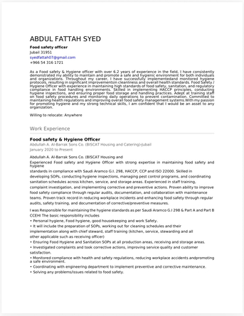 Jubail, Job Seekers, Food Safety Officer