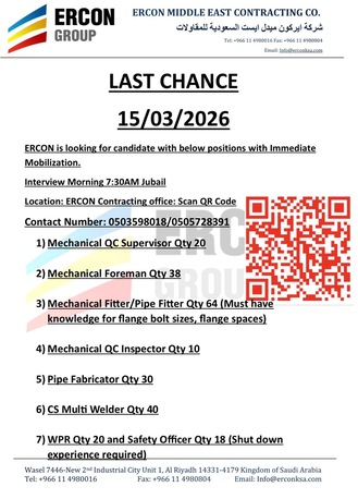 Jubail, Jobs, WPR/Safety/QAQC/Job With Immediate Mobilization