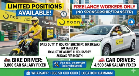 Khobar, Jobs, 🚚 Freelance Drivers Required &ndash; Noon Minutes & Ninja Market
