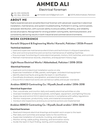 Karachi, Job Seekers, Electrical Foreman