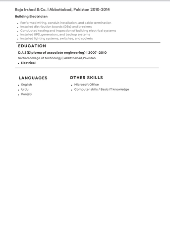 Karachi, Job Seekers, Electrical Foreman