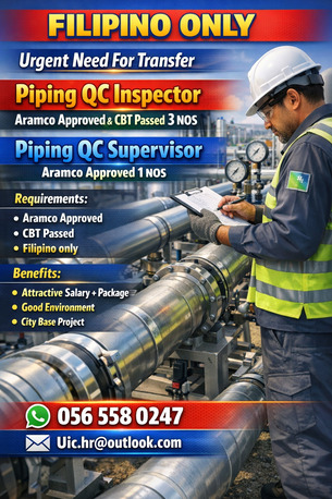 Riyadh, Jobs, For Transfer Piping QC Inspector & Piping QC Supervisor  Aramco Approved And CBT Passed