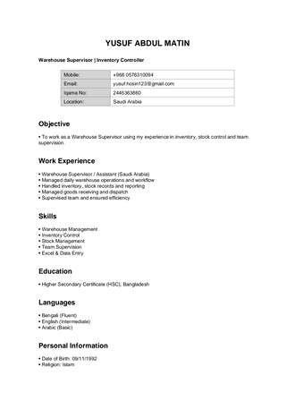 As Sulayyil, Job Seekers, Warehouse Supervisor/ Inventory Controller