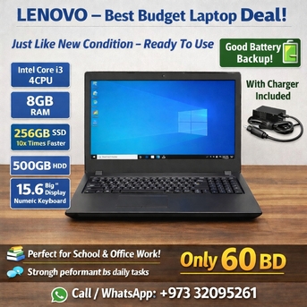 Manama, Electronics, BHD 60,  Lenovo Intel Core I3 Laptop 8GB RAM 256GB SSD+500GB HDD 15.6"Display