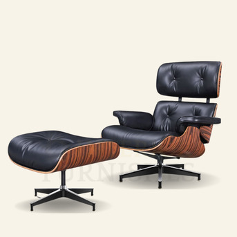 Barcelona, Furniture, EUR 1045,  Sill?n Y Otomana Estilo Eames - Cuero Marr?n Claro, Chapa De Palisandro Y Base Cromada