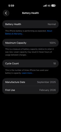 Salmaniya, Mobile Phones, BHD 315,  IPhone Air Battery 100 Cycle Count 18