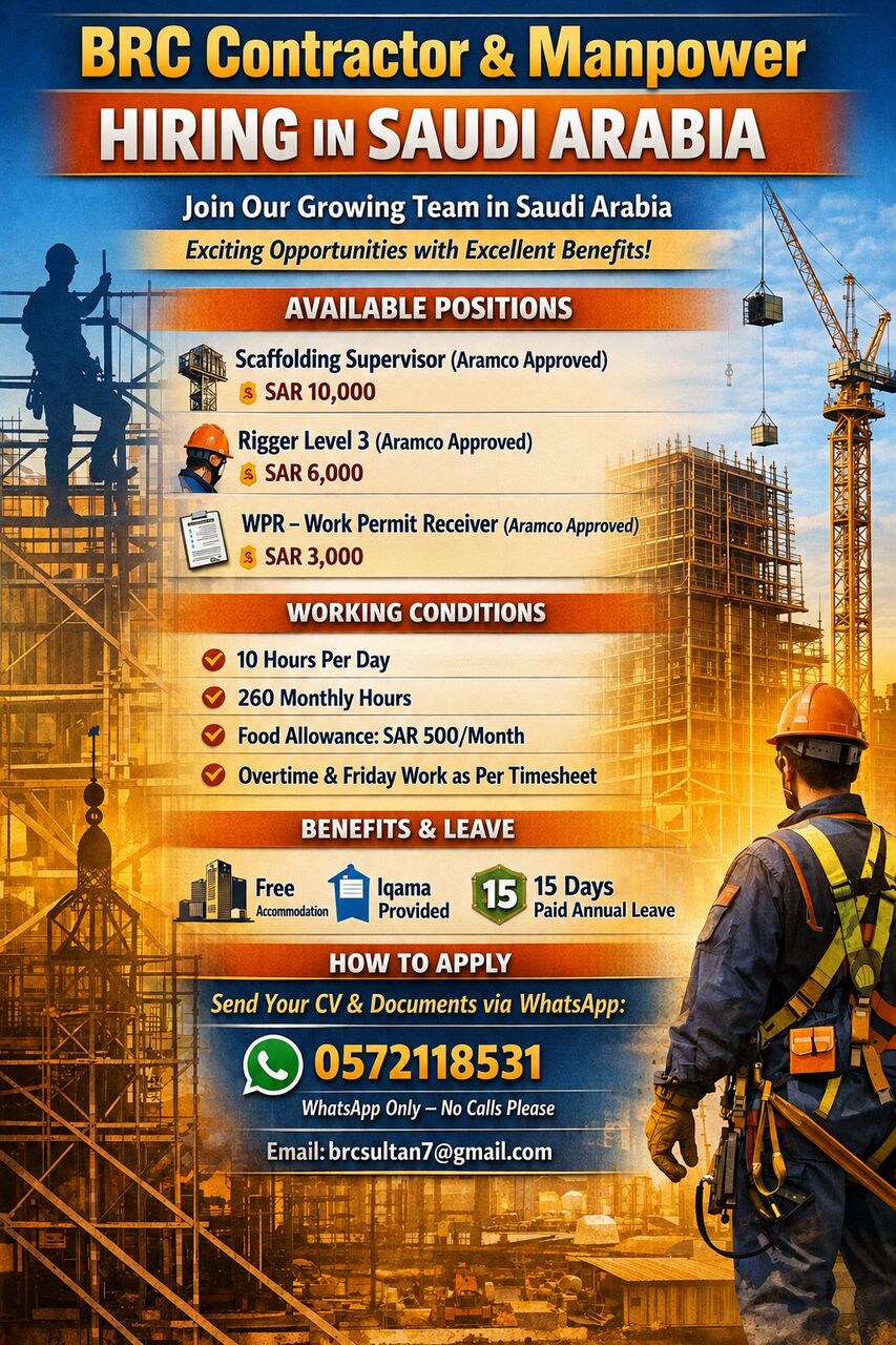 Jubail, Jobs, Rigger, Scaffolding Supervisor , WPR (TRANSFER IQAMA)