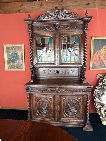 New York, Furniture, USD 6000,  Estate Antique Carved Oak Sideboard W/ Stained Glass &ndash; Statement Piece