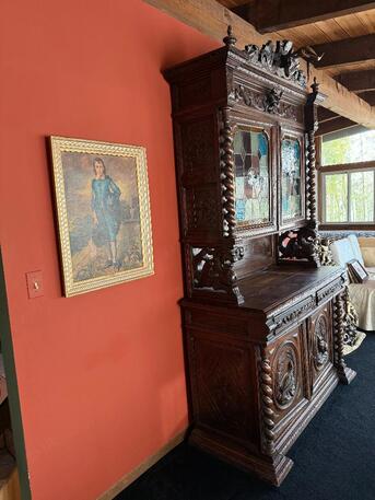 New York, Furniture, USD 6000,  Estate Antique Carved Oak Sideboard W/ Stained Glass &ndash; Statement Piece