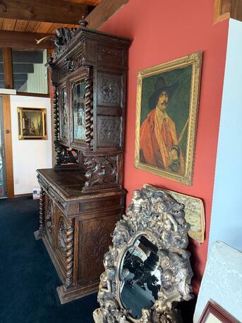 New York, Furniture, USD 6000,  Estate Antique Carved Oak Sideboard W/ Stained Glass &ndash; Statement Piece