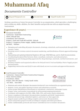 Riyadh, Job Seekers, CV For Documents Controller 6 Years Experiences ( Qiddiya And Red Sea Approved )