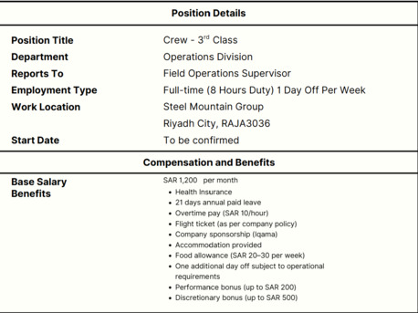 Riyadh, Jobs, Crew &ndash; 3rd Class