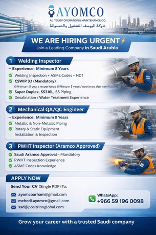 Dammam, Jobs, Hiring Now: Welding Inspector, QA/QC Engineer, PWHT Inspector &ndash; KSA