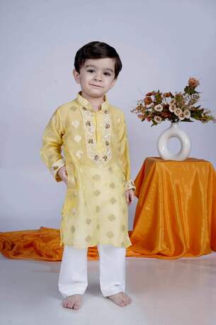 Lucknow, Clothing & Accessories, INR 2599,  Traditional Chikankari Zari Booti Chanderi Kurta Boys Ethnic Outfit