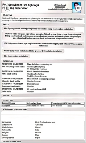 Riyadh, Job Seekers, Plumbing Fire Fighting Fm200 Foam System Chiller Pipe Hdpe