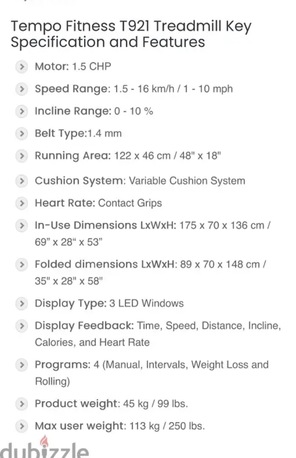 Sanad, Sporting Goods, BHD 75,  Treadmill Tempo T921 In Excellent Condition For Sale.
