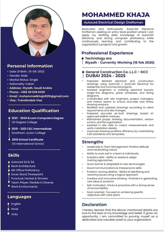 Riyadh, Job Seekers, Application For Electrical Draftsman / Revit Architecture Position