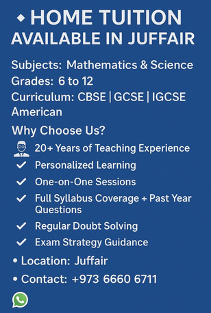 Juffair, Lessons Offered, Home Tution Juffair - Maths And Science 6 -12