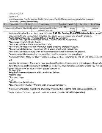 Jeddah, Jobs, WE NEED TRANSFERABLE WORKER - Only Female (0536718355)