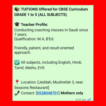 Jeddah, Lessons Offered, Offering Coaching Classes For CBSE From Grade 1 To Grade 5