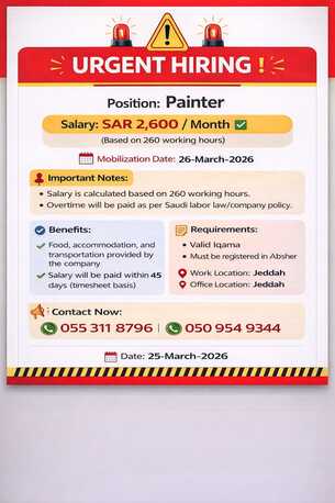 Jeddah, Jobs, URGENT REQUIREMENT : PAINTER