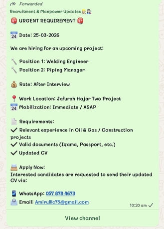 Jubail, Jobs, Position 1: Welding Engineer 🔧 Position 2: Piping Manager