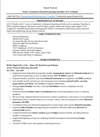 Riyadh, Job Seekers, Accountant | Financial Reporting  Specialist | ACCA Professional | Transferable Iqama