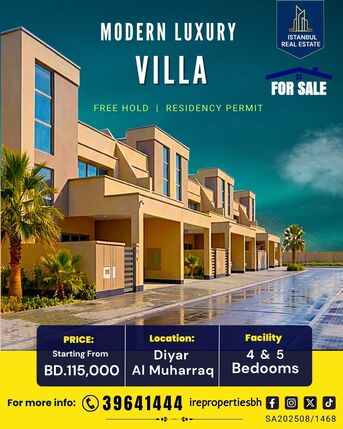 Muharraq, Villas, BHD 115000,  162 Sq. Meter,  Brand New Premium Villa For Sale In Diyar Al Muharraq Starting From BD.115,000/-